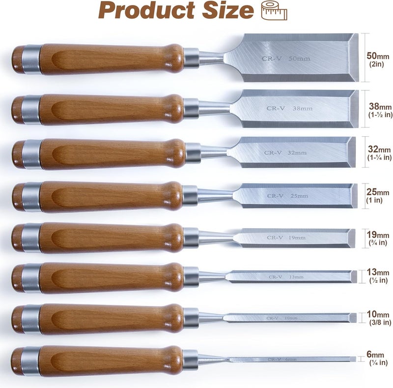 Mount Jasper 10 Pieces Wood Chisel Set, 1/4"~2" Woodworking Chisel Kit with Sharp CR-V 60 Steel Blades, Wooden Box, Honing Guide, Sharpening Stone for Carpenter Craftsman Woodworker - Image 5